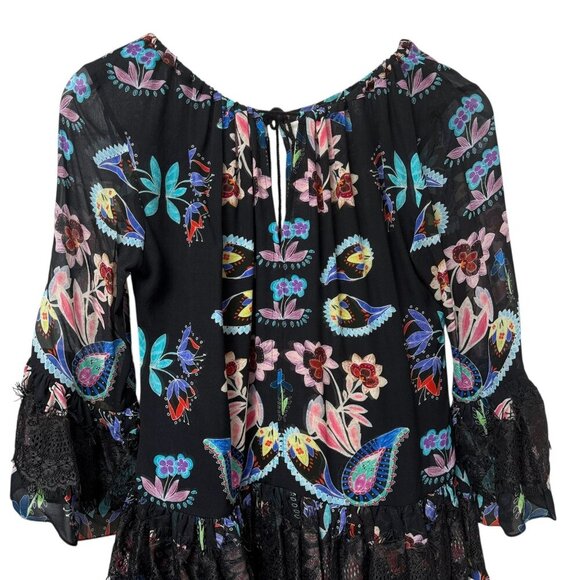 TRYB Silk Blouse XS Black Floral Chiffon Peasant Top Ruffle Lace Anthropologie - Picture 5 of 9